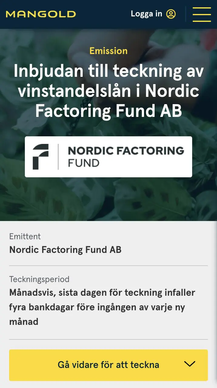 Skärmavbild över en enskild Emission på Mangold Emissioner, visas i mobilvy.