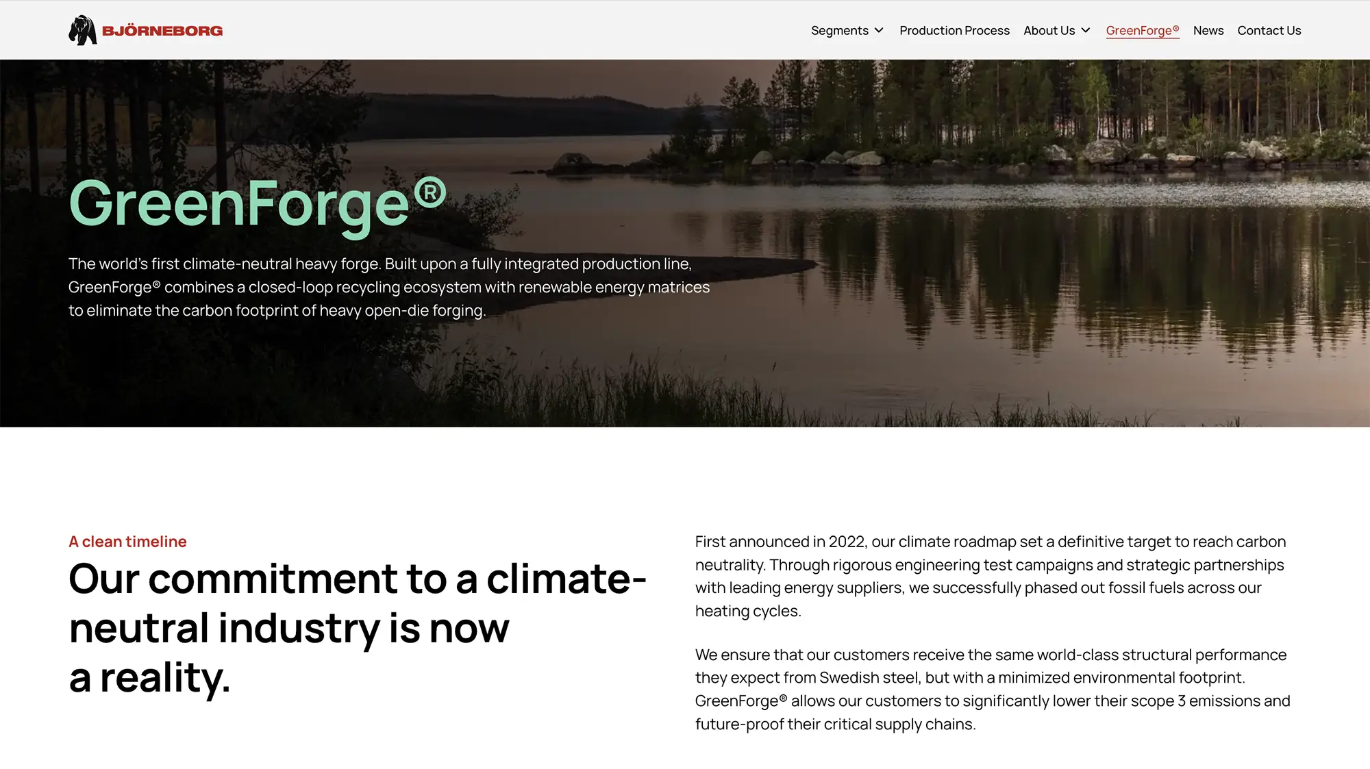 Skärmbild över sida för Greenforge på Björneborg steel. En herobild med mörk overlay samt rubrik och text. Nedanför visas ytterligare en rubrik och mer text.