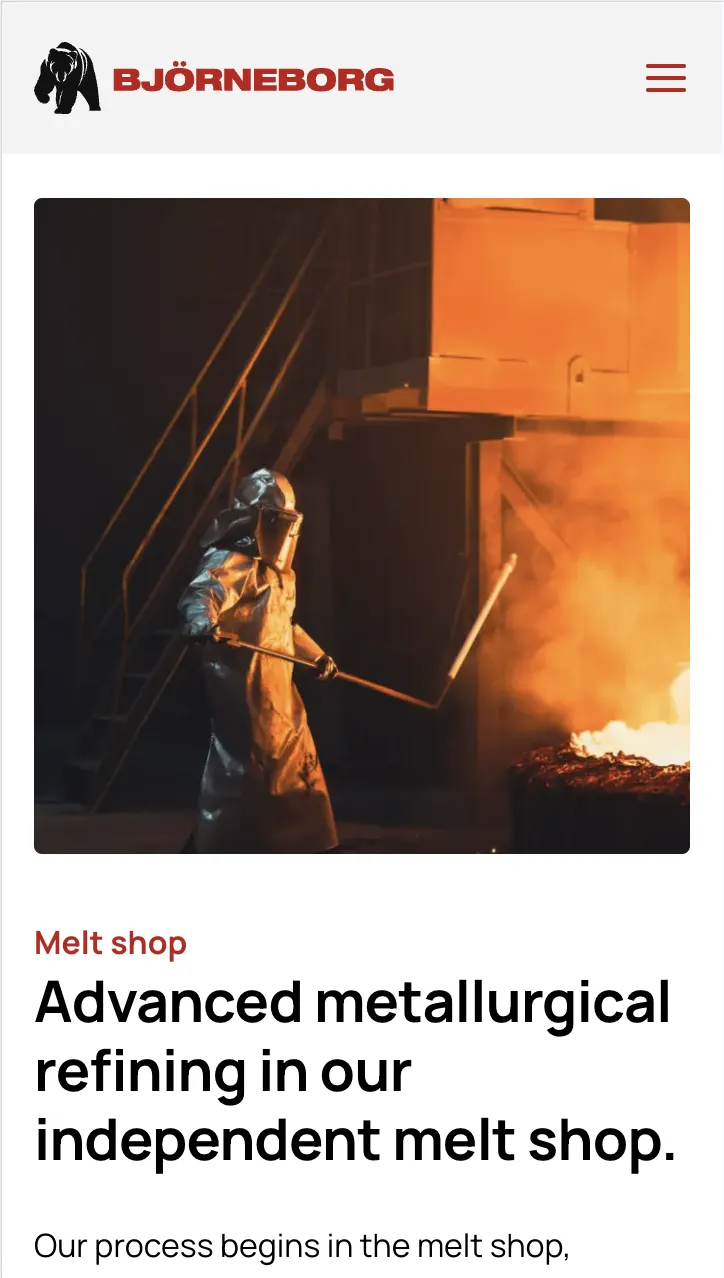Skärmavbild över en sektion på Björneborg steel i mobilvy. En bild med brödtext.
