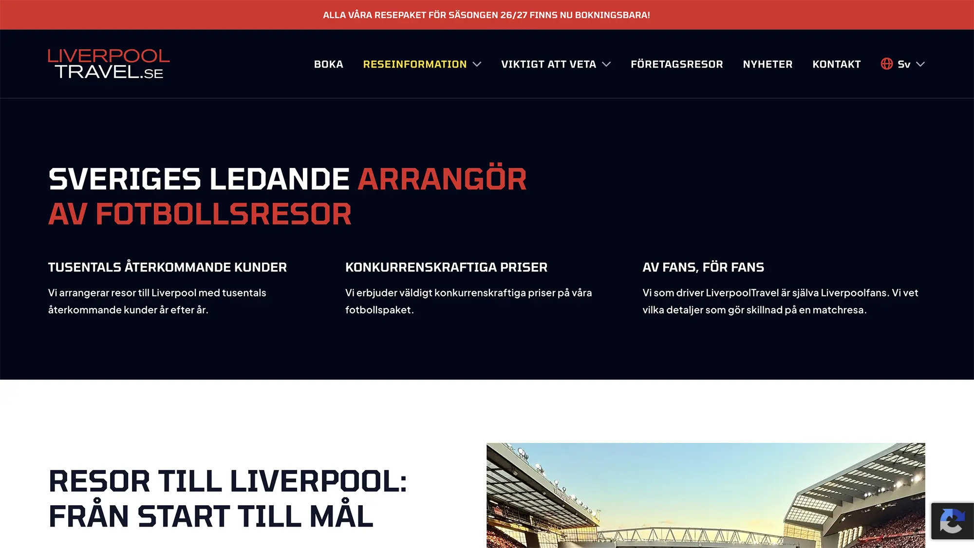 Skärmavbild av sidan Om oss på LiverpoolTravel. Mörk hero med vit och röd text.