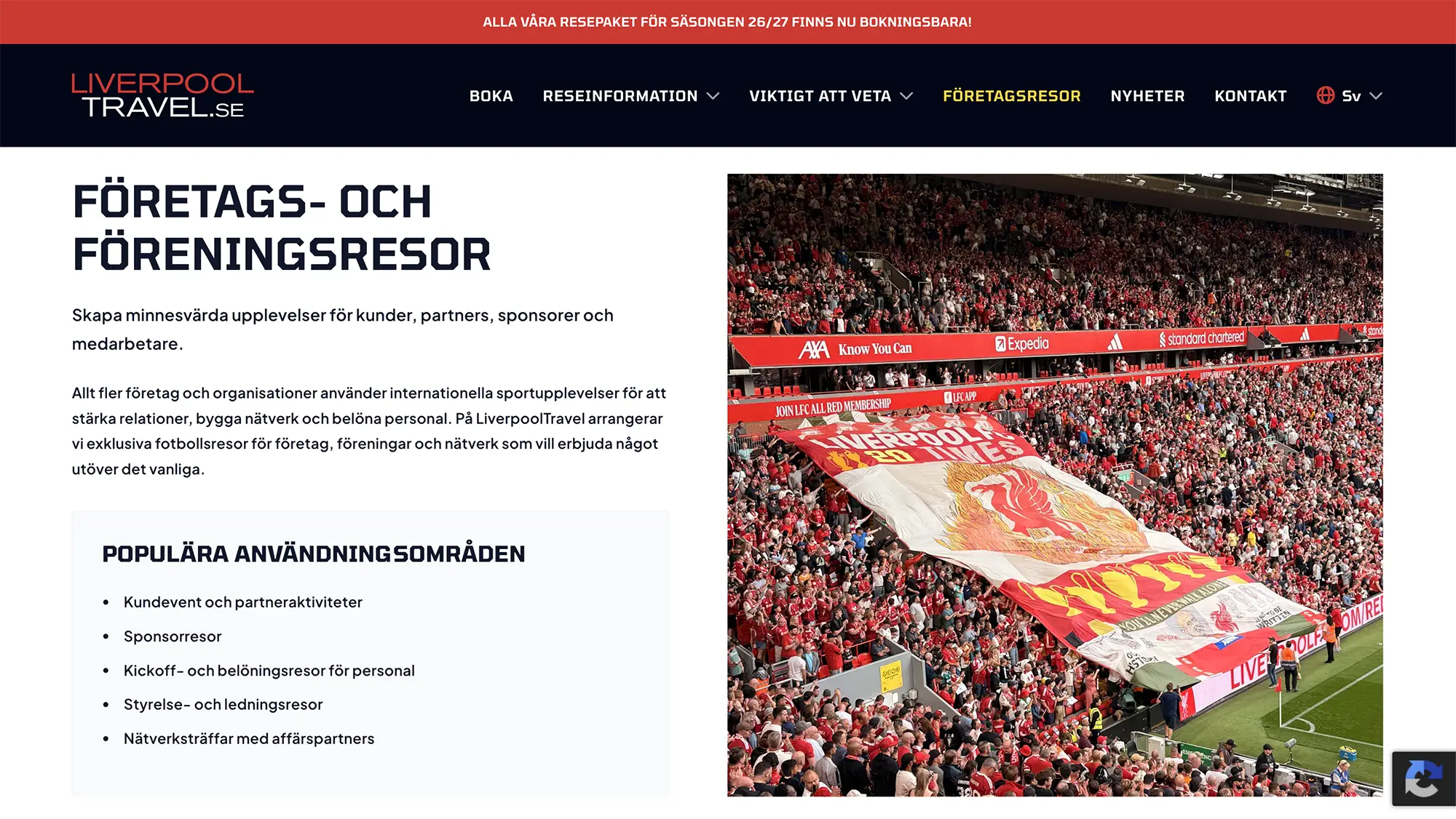 Skärmavbild över sidan för företags- och föreningsresor på LiverpoolTravel. En sektion med text och bild.