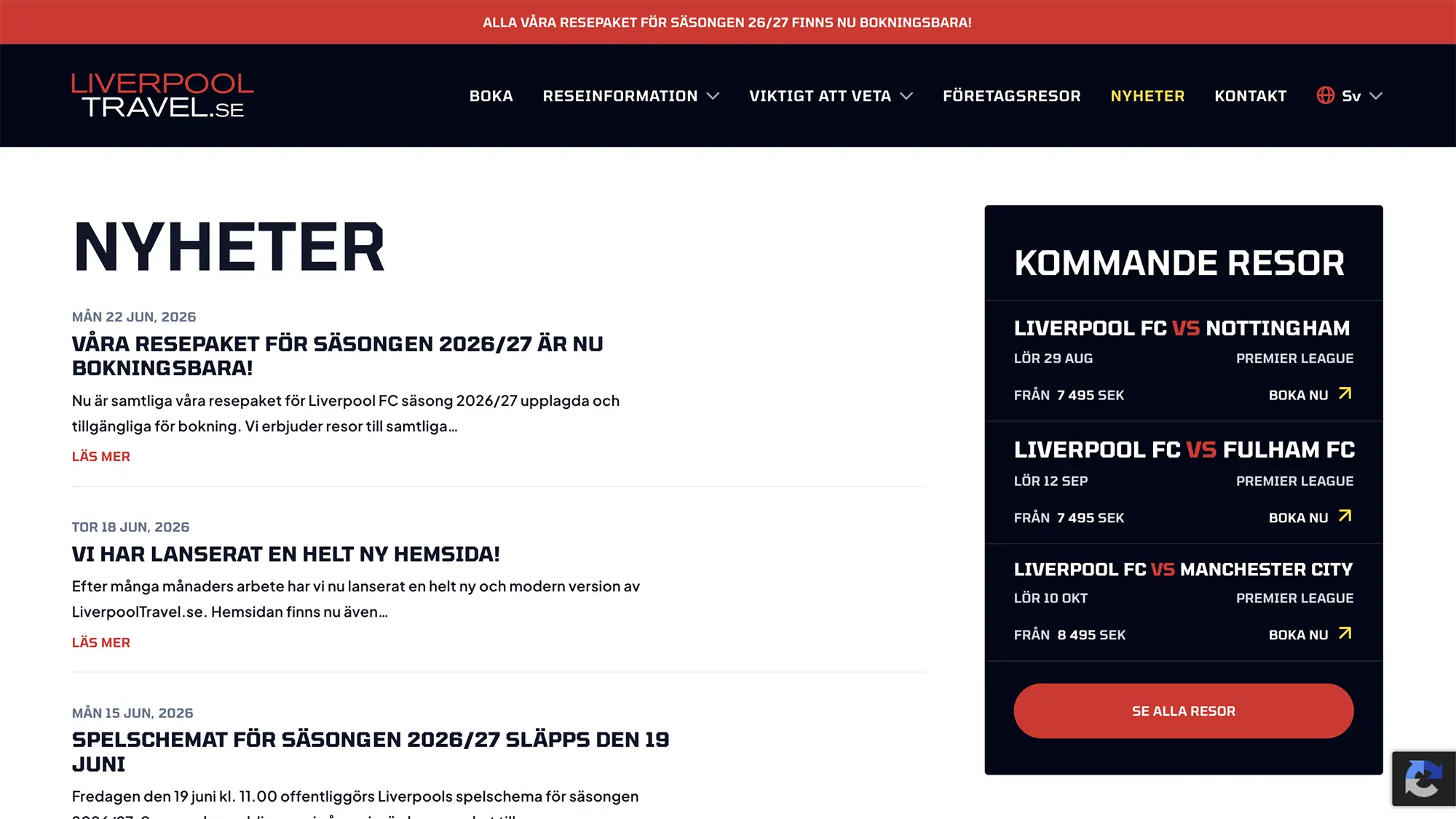 Skärmavbild över sidan för nyheter på LiverpoolTravel, inläggen spaltas upp till vänster och en extra inforuta med kommande resor syns till höger.