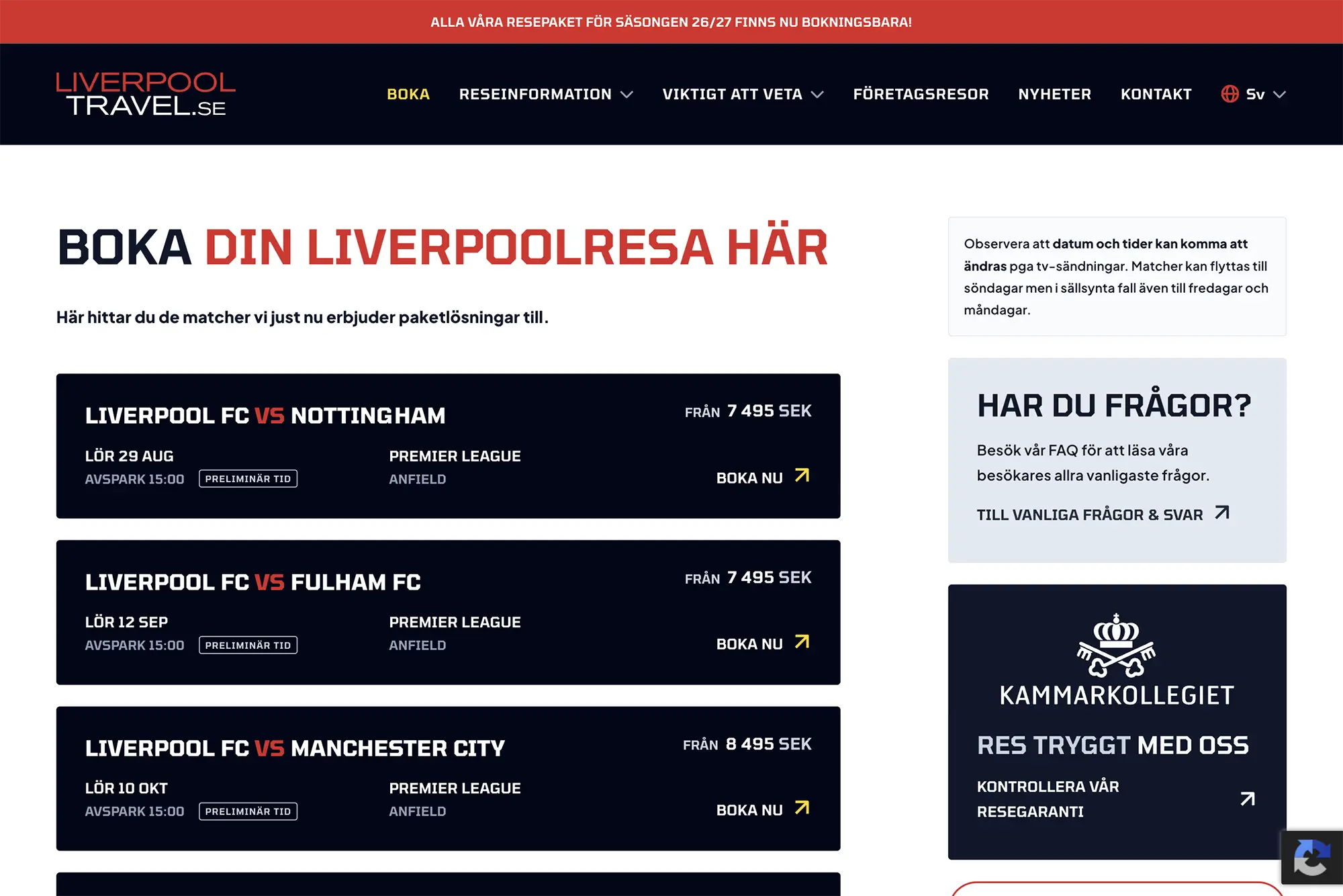 Skärmavbild över sidan där man kan boka resa på LiverpoolTravel. Till vänster syns matcher med paketlösningar och till höger ligger fler informationsboxar.