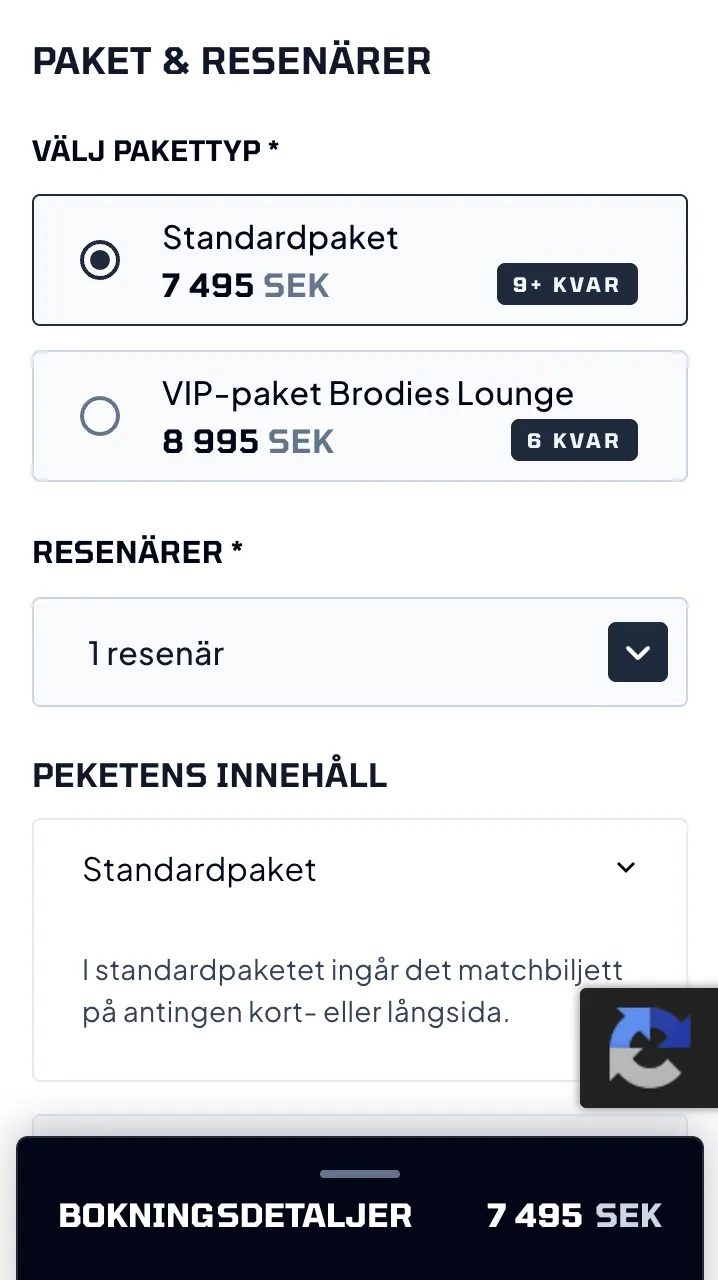 Skärmavbild över bokningssidan för LiverpoolTravel i mobilvy. Ett formulär visas och bokningsdetaljer ligger som en ruta man kan dra upp i botten av sidan.