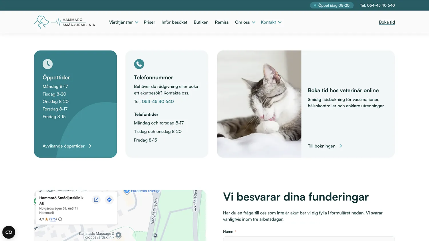 Skärmavbild över sidan för Kontakt på Hammarö Smådjursklinik. Bilden visar öppettider, kontaktinformation och en sektion för att boka tid online.