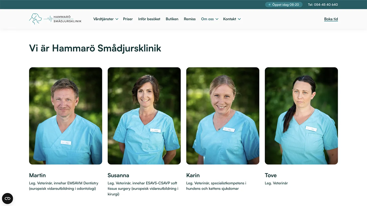 Skärmavbild över sidan för medarbetare på Hammarö Smådjursklinik. Sidan visar fyra personer ur personalen.