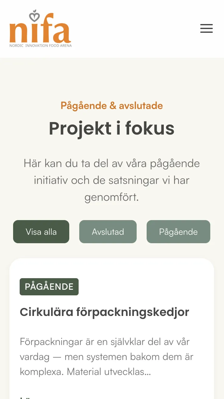 NIFA 5 Skärmavbild över NIFAs projektsida i mobilvy. På bilden visas filtreringsalternativ samt ett av projektkorten.