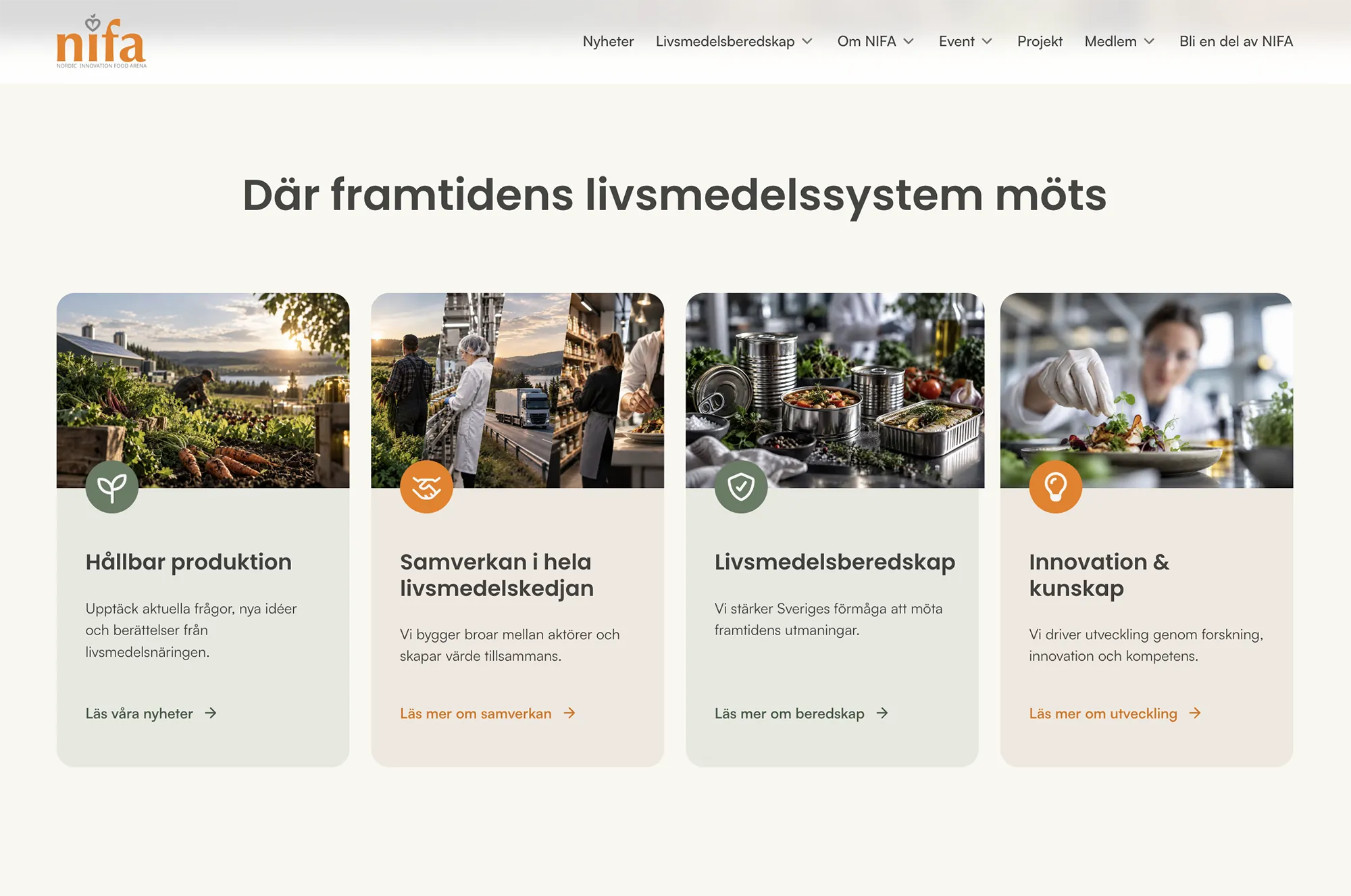 NIFA 6 Skärmavbild över en sektion på startsidan på NIFAs webbplats. Fyra boxar med information om nätverket.