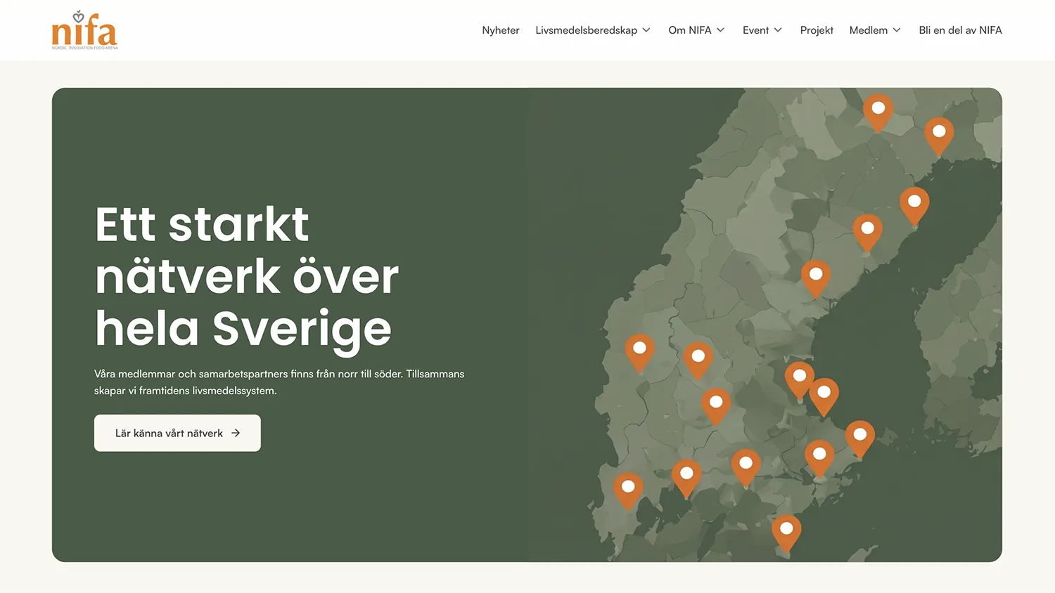 NIFA 13 Skärmavbild över en sektion på NIFA hemsida som visar en mörkgrön sektion med en grafisk karta över NIFAs medlemmar samt informationstext och knapp.