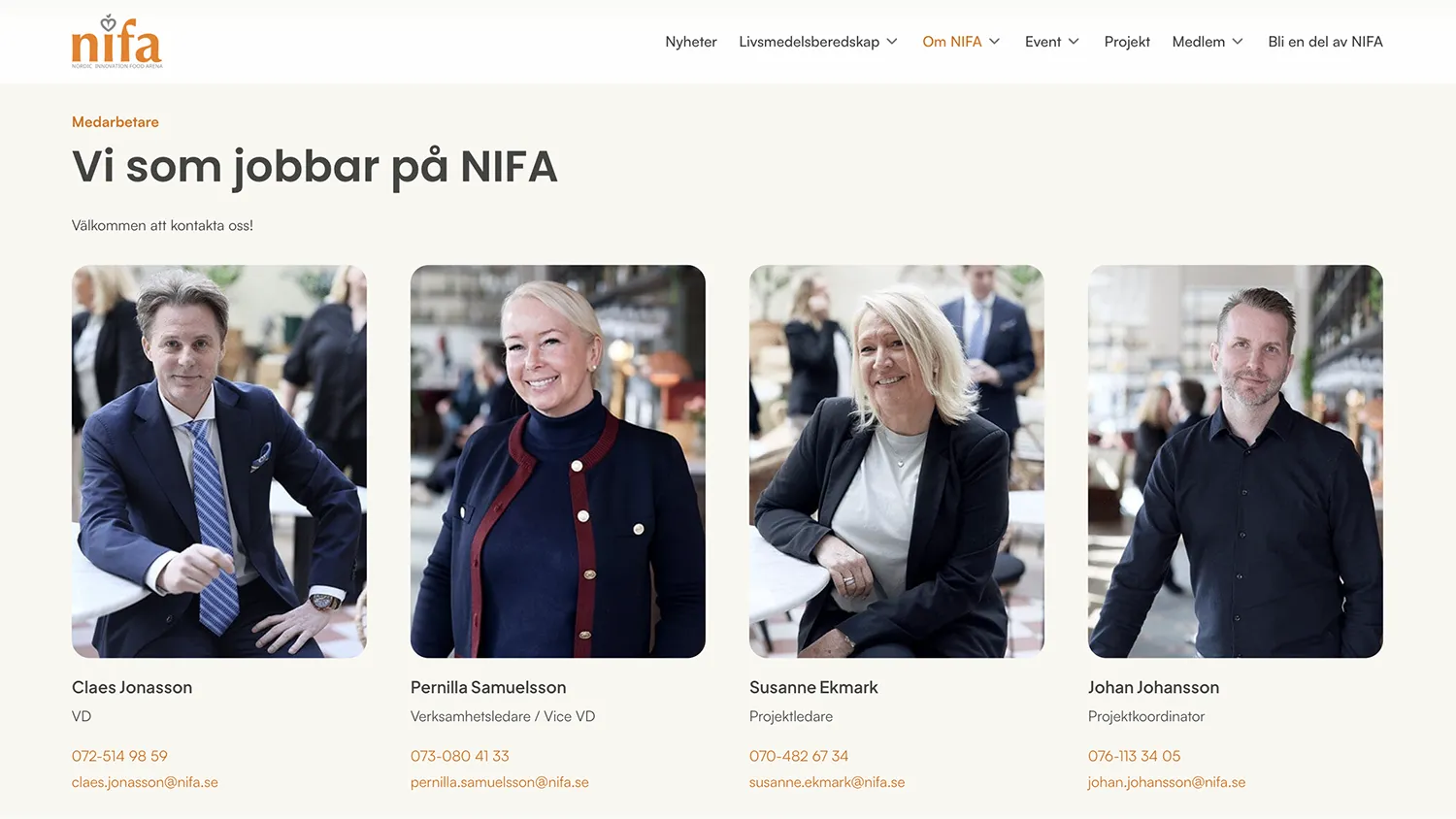 NIFA 15 Skärmavbild över kontaktsidan på NIFAs webbplats. Här syns fyra personer ur personalen med bilder, namn och kontaktinformation.